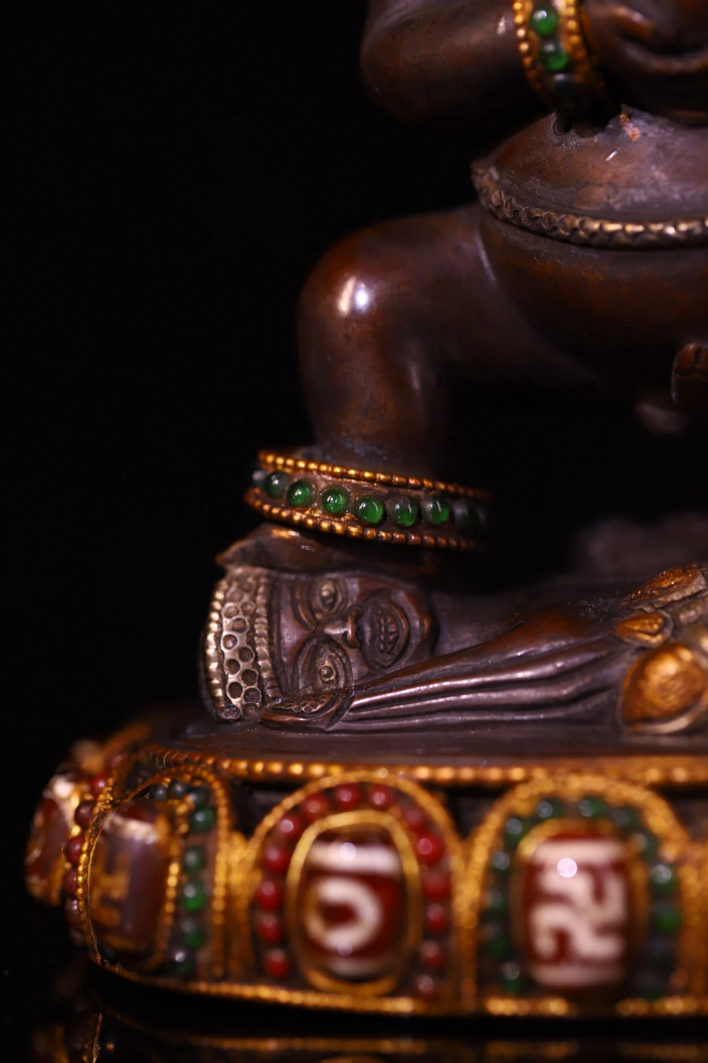 Old Purple Bronze Mosaic Gem gZi Beads Shell Black Jambhala lotus throne Sitting Buddha Worship Hall Town house