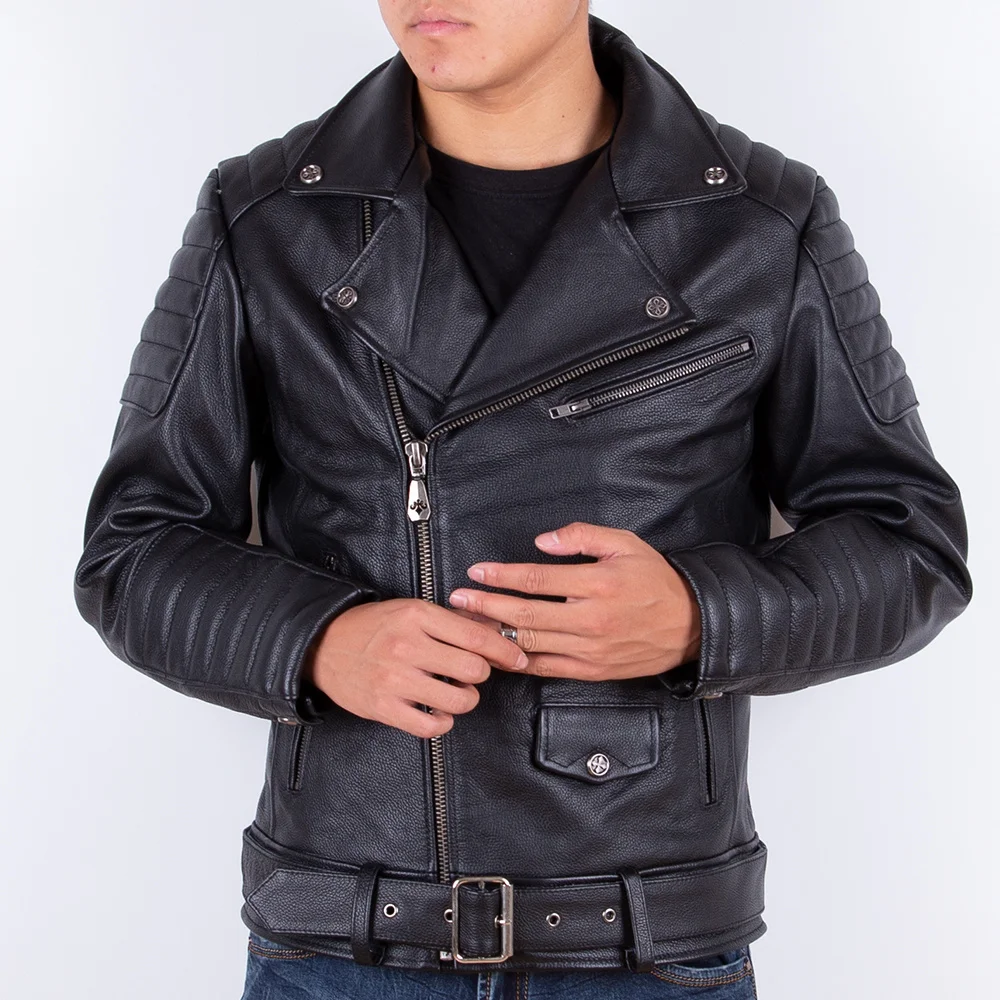 ShippingNew Free Black Top Layer Cowhide Men＇sJacket for Autumn Motorcycle Style Plus Size Slim Fit Biker＇sCoat