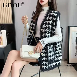 Autumn Winter Korean Style Houndstooth Print Vest Ladies Elegant Fashion All-match Coat Women Loose Casual Buttons Plaid Jacket