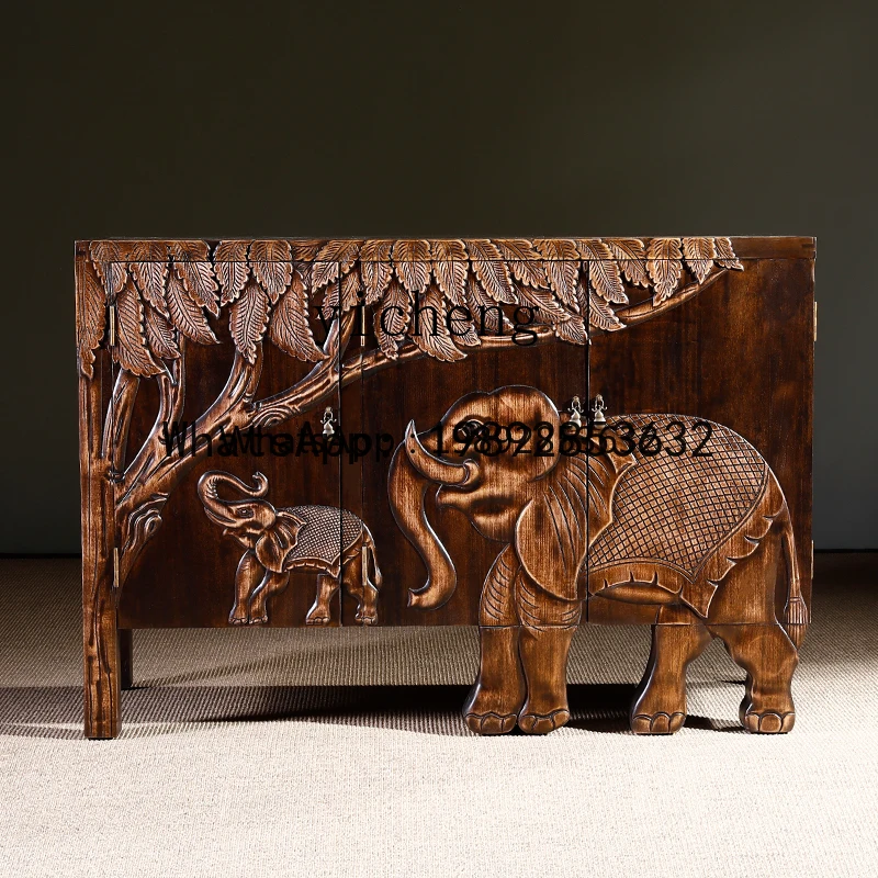 

CC Solid Wood Relief Elephant Entrance New Chinese Style Storage Living Room Hallway Decorative Cabinet living room decoration