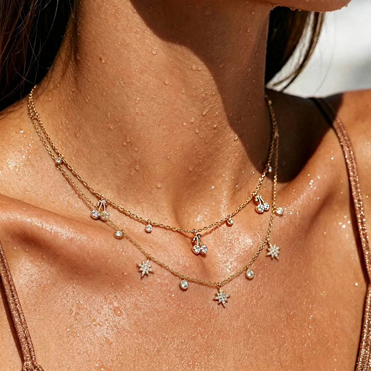 Multi Layer Paperclip Chain Necklace Cherry Billiard Star Charms Women Y2K Retro Stackable Trendy Fashion Jewelry