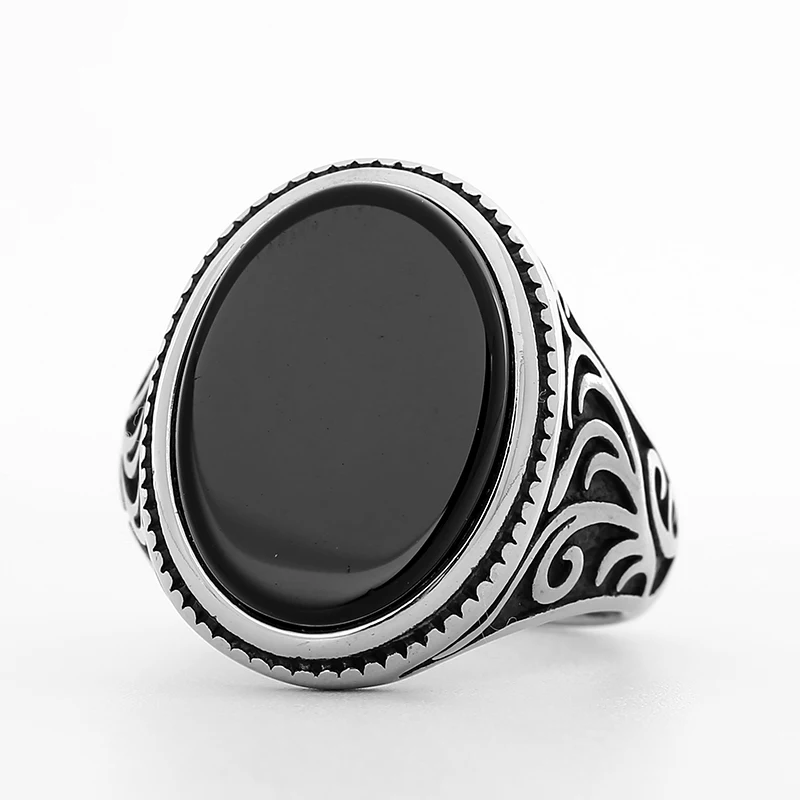 Stainless Steel Fashion Turkey Stone Ring Geometric Black Zircon For Anniversary Party Wedding Men's Anels Totem Luxury Jewelry