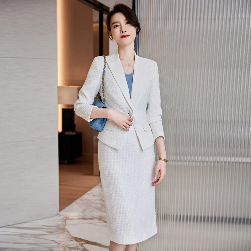 Naviu High End White Formal Suit Women New Fashion Slim Business Woollen Blazer and Skirt Sets Office Ladies Work Wear Black