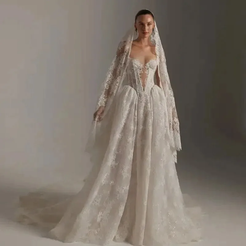 Customized Dreamy Sweetheart Bead Embroidery Lace Back Strap Wedding Dresses Shining Ball Gown for Bride Princess Court  Dress