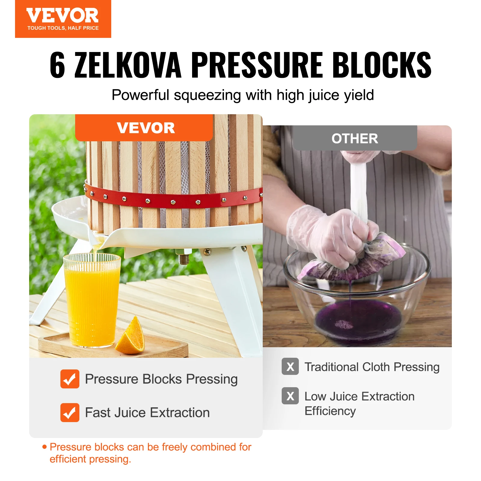 VEVOR Fruit Wine Press 6L/18L/12L Solid Wood Basket  6 or 8 Blocks Manual Juice Maker with Pole Handle Bar for Kitchen and Home