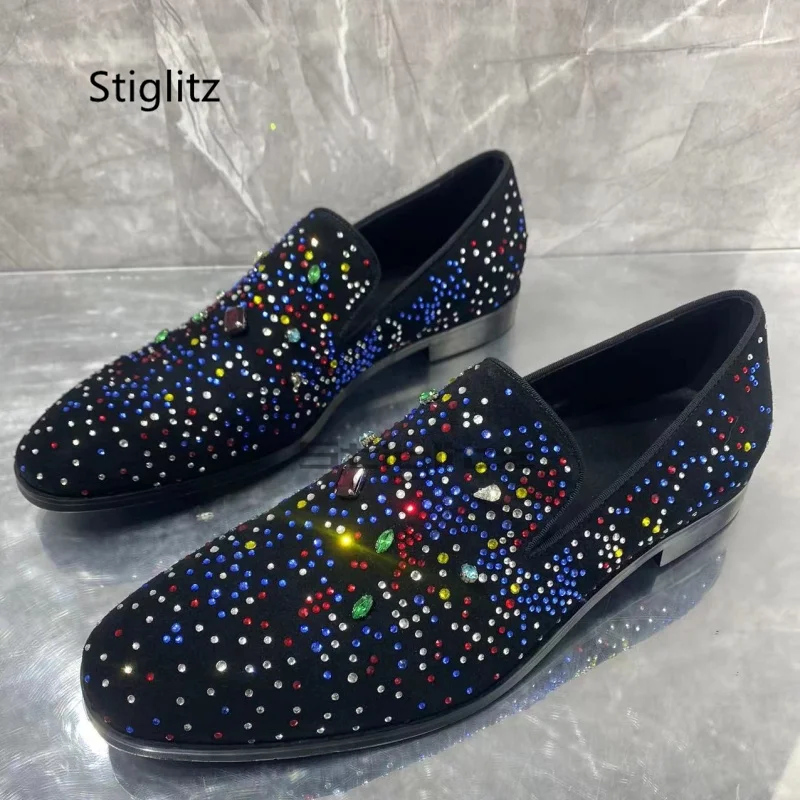 Luxury Rhinestone Loafers Men's Suede Leather Flats Shoes Round Toe Diamond Dress Party Wedding Shoes Casual Shoes for Men