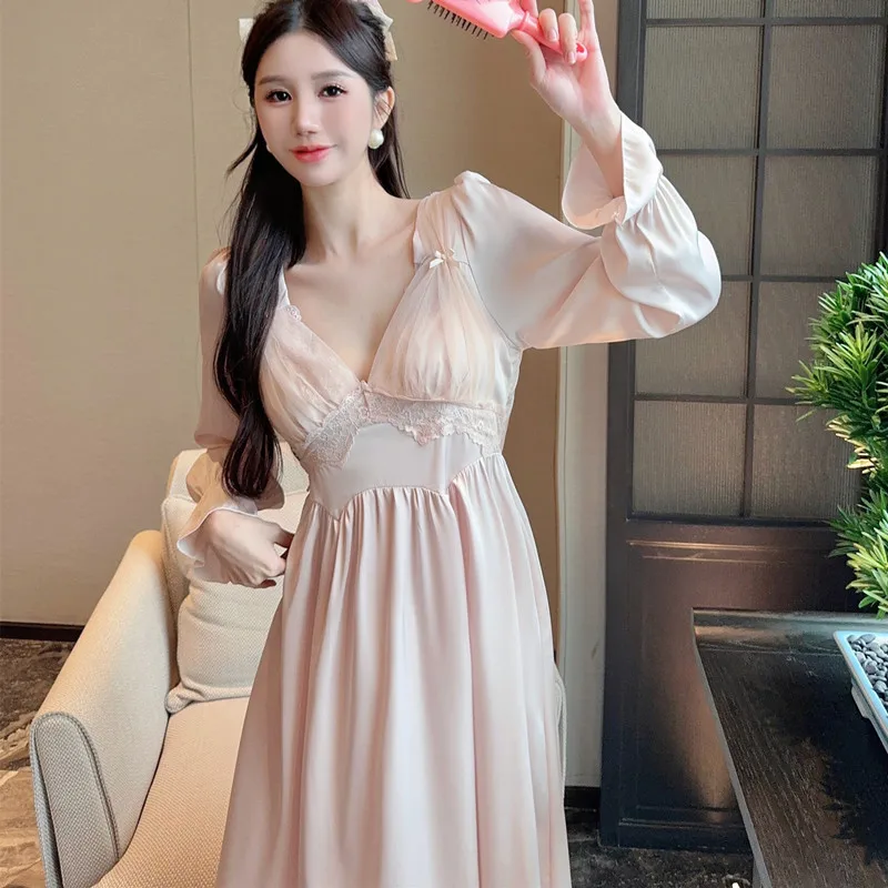 

Long Sleeve Nightdress Palace Style Homewear Female Satin Sleepwear Vintage Nightgown Sexy Lace Loungewear Satin Homedress