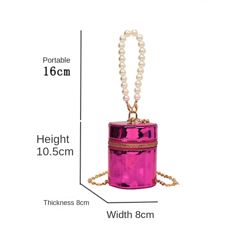 New Silver Gold PU Shiny Mini Chain Shoulder Crossbody Bag for Women Portable Cylindrical Key Lipstick Bag Cosmetic Makeup Pouch