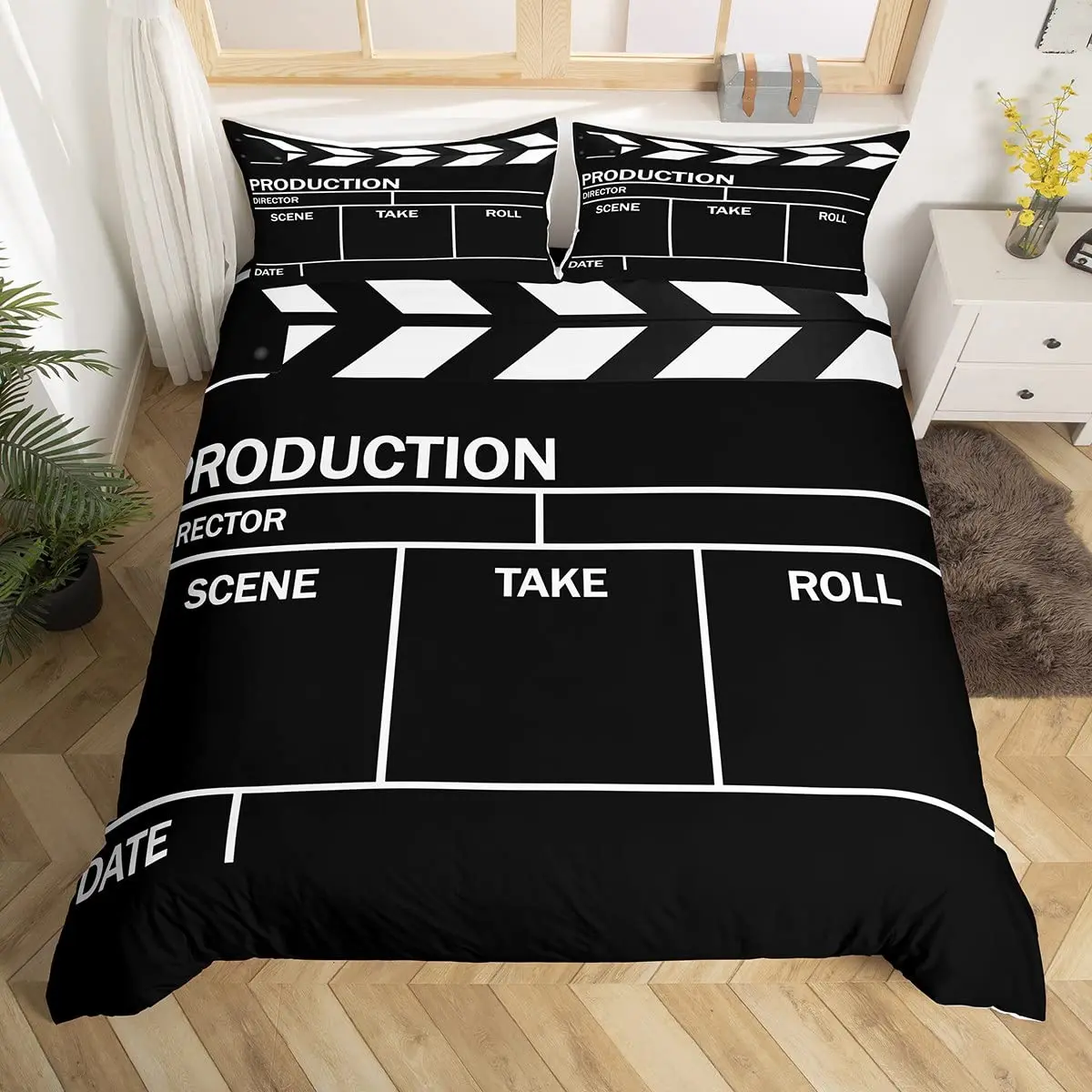 Movie Clapboard Duvet Cover Queen Size,Vintage Cinema Comforter Cover with 2 Pillowcase for Teens Movie Theater Film Bedding Set