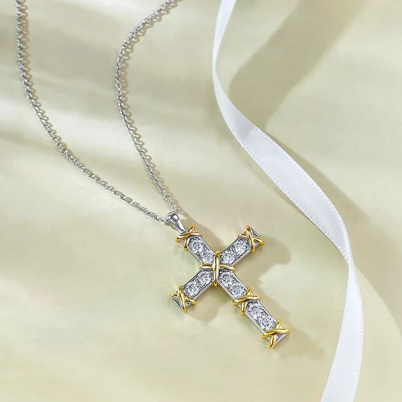 Cross D Color Moissanite Necklace 925 Silver Pendant Luxury for Women Plated 18K White Gold Party Bitthday Gift Jewelry Wholesal