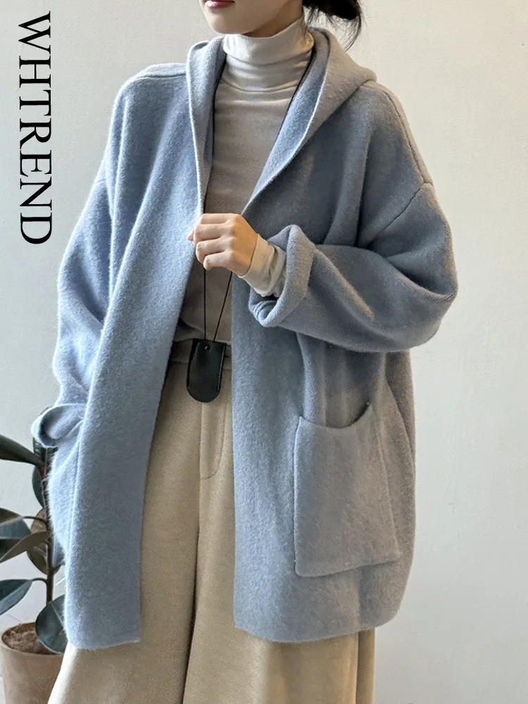 

WHTREND толстый свитер с капюшоном в повседневном стиле для женщин, осень-зима, высококачественная верхняя одежда, вязаный кардиган WH1869