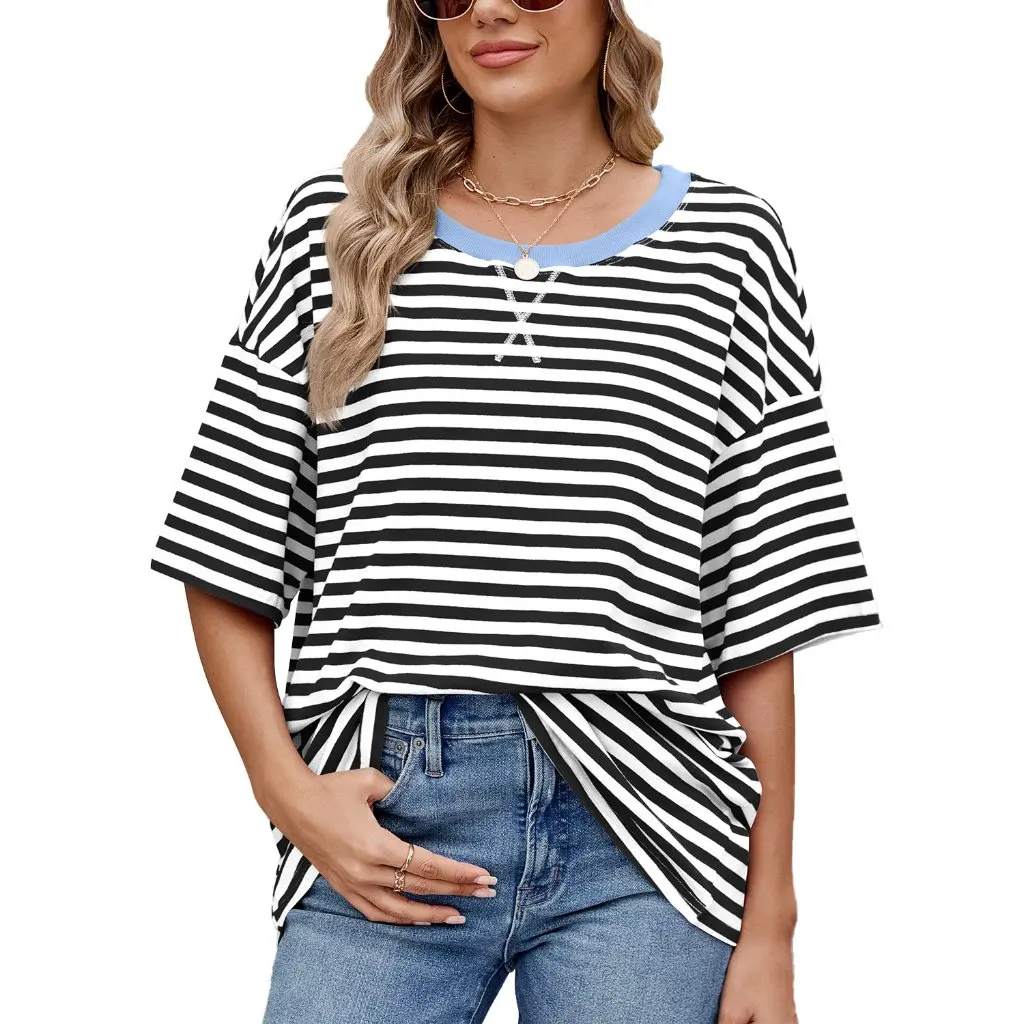 

Women's Striped Contrast Color Loose T-Shirt Short Sleeve Top Spring Summer New Arrival from Europe And US