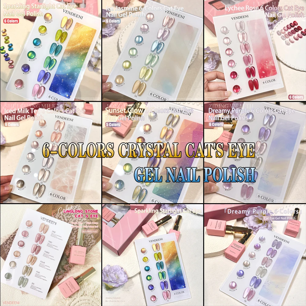 

Vendeeni 6 цветов/набор красный розовый фиолетовый гель-лак для ногтей «кошачий глаз» УФ-светодиодный прозрачный кристаллический магнитный лак для ногтей с цветной картой