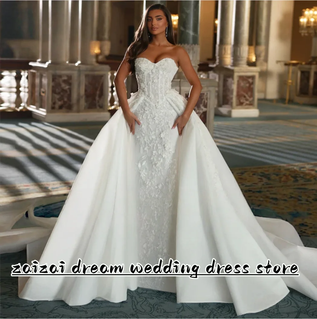 

Customized Exquisite Beading Strapless Lace Detachable Train Mermaid Ball Gown Wedding Dress Vestido De Novia