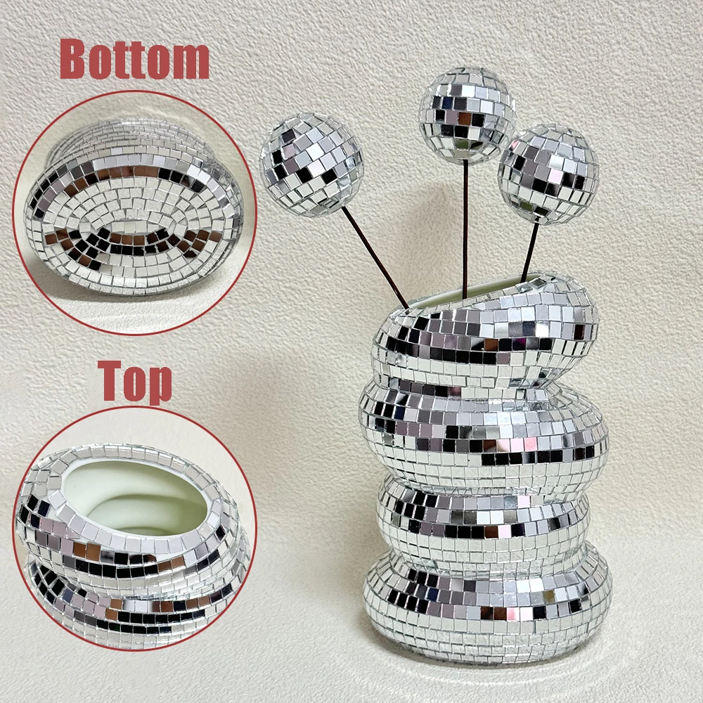 

1pc Disco Ball Spiral Vase Unique Glass Tiles Flower Bottle Disco Ball Planter Silver Mirror Vase Home Living Room Office Decor