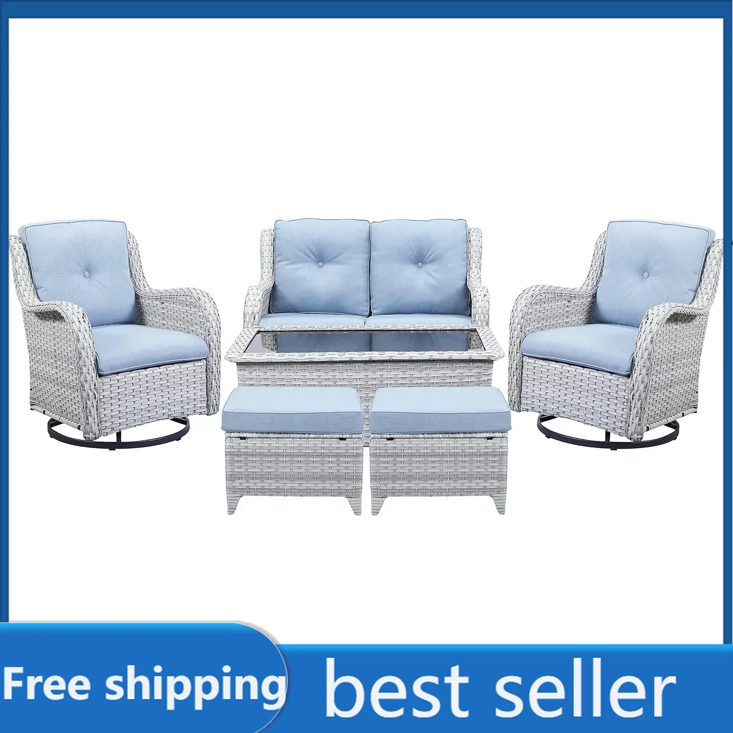 Rieten terrasmeubilairset - 6-delige terrasset met draaibare schommelstoelen, loveseat bank, voetenbank en salontafel, babyblauw kussen