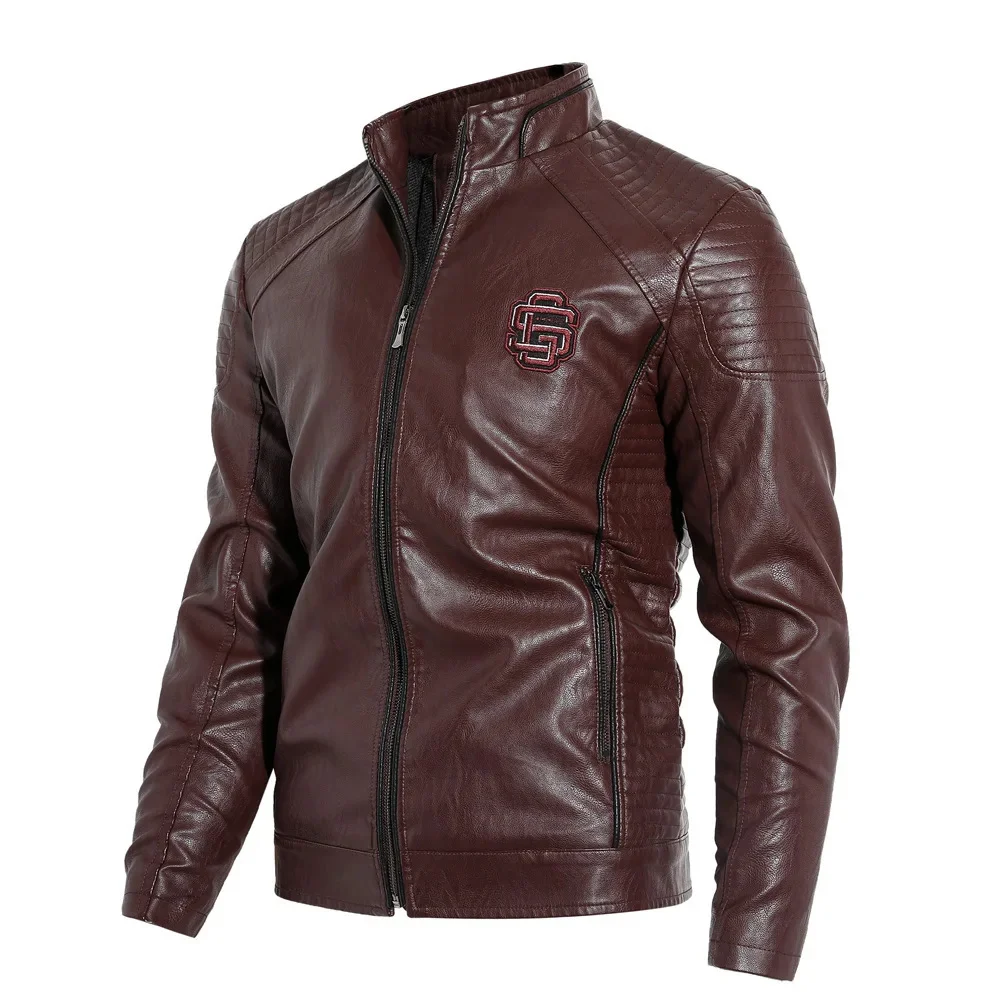 Men's Casual Jacket Plus Velvet Embroidery Badge Military Style Bomber Leather Coat Man Tough Guy Motorcycle PU Jackets