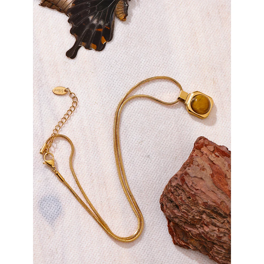 Yhpup High Quality Natural Tiger Stone Square Pendant Necklace Rust Proof Gold Color Fashion Collar Versatile Jewelry Gift