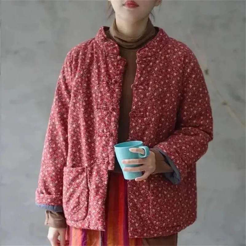 Retro Button up Floral Long Sleeved Cotton Jacket For Autumn and Winter 2024 Loose and Slimming Thickened and Warm Cotton Jacket