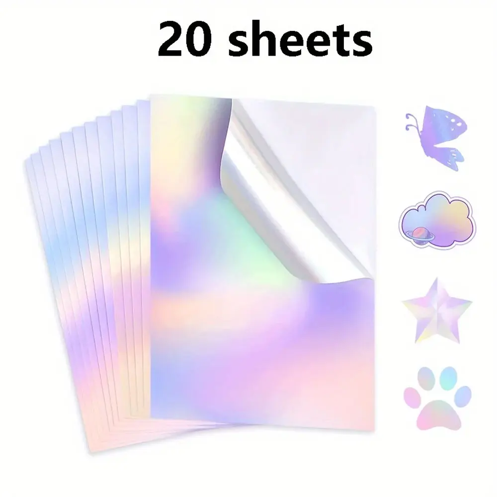 20 Sheets A4 Printable Holographic Vinyl Stickers, DIY Labels Holographic Vinyl Stickers, Printable with Inkjet Printer