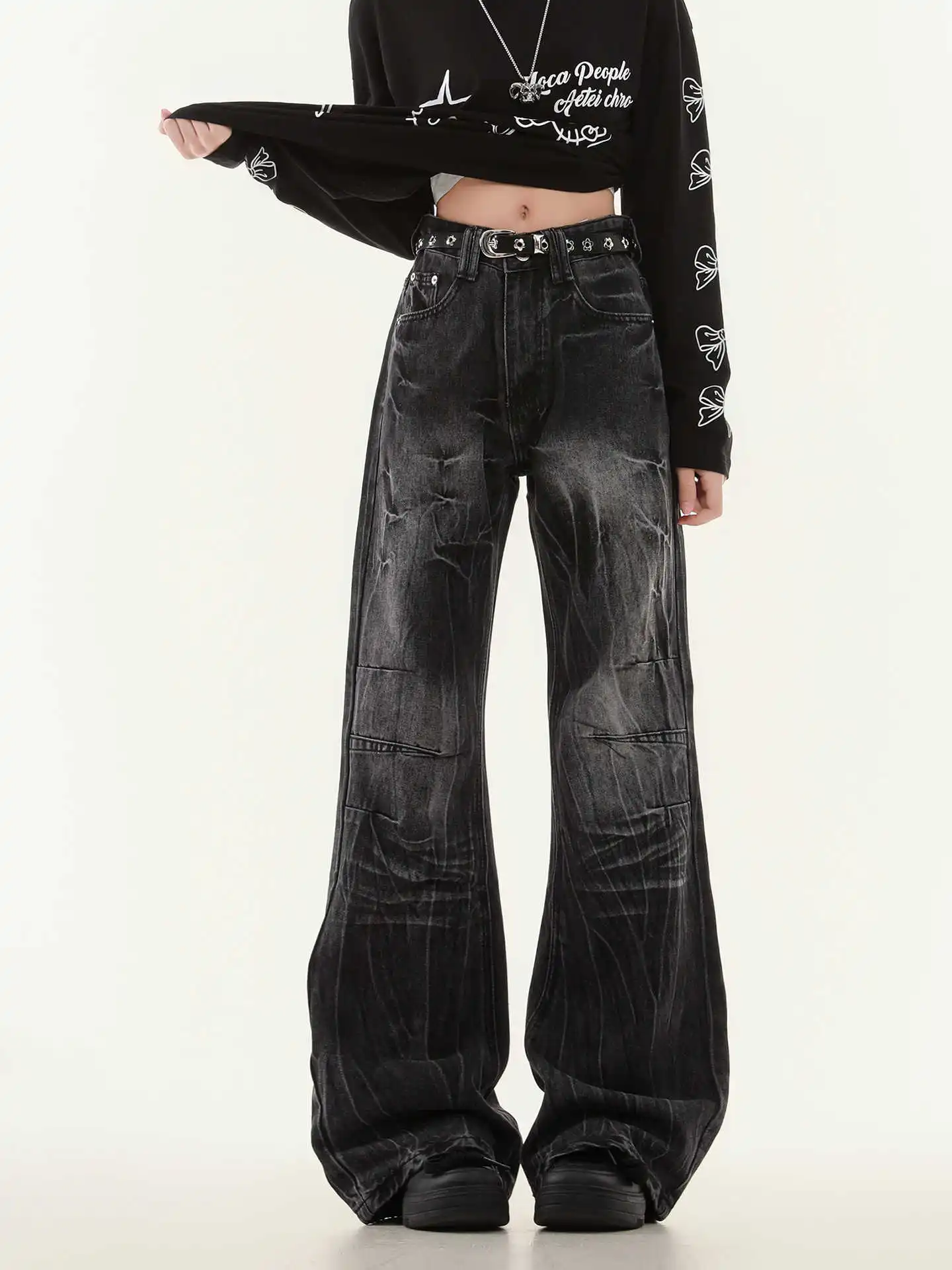 Damskie szerokie jeansy Dark Academia Abi Y2k Japanese Streetwear Cyber Punk Denim Pants Wide Fit Grunge Harajuku Cowboy 2000s Chic