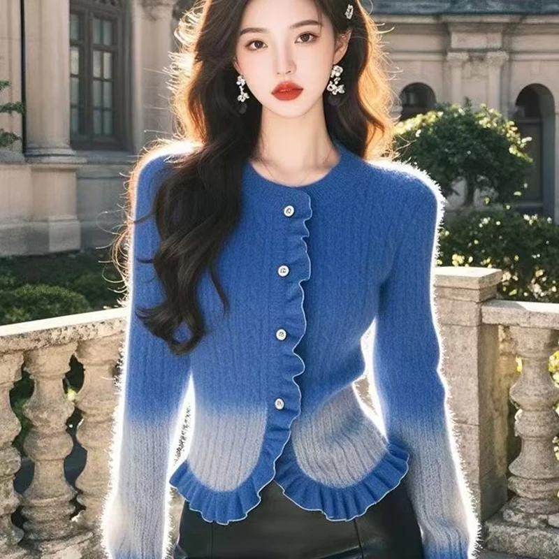 

New Autumn Winter 2025 Temperament Design Sense Ladies Knitting Cardigan Sweater Elegant Be All-match Loose Women Sweater