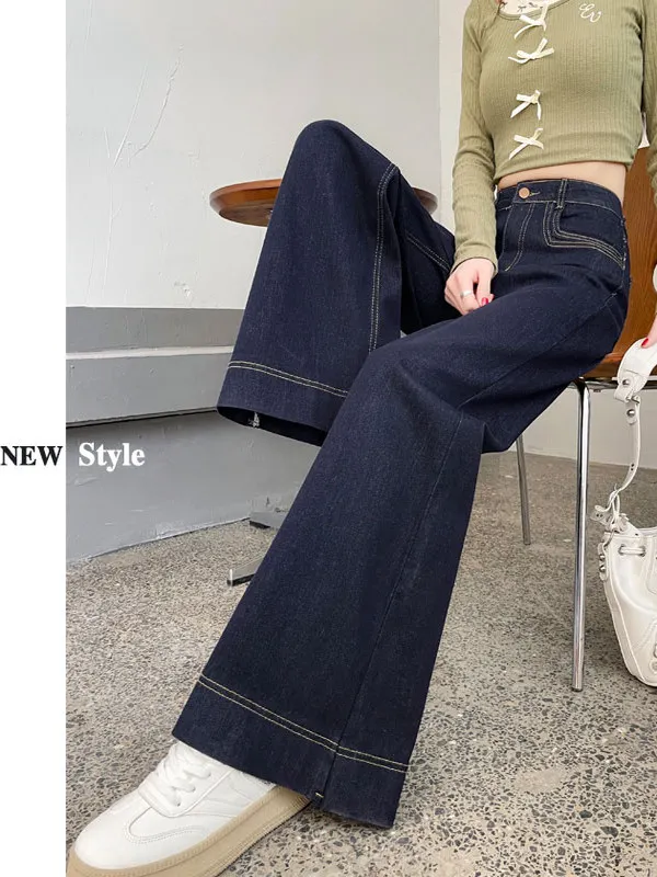 

American Retro Straight Leg Denim Blue Jeans Women's Spring Autumn Loose Large Size Dra Wide Leg Floor-Length Pants