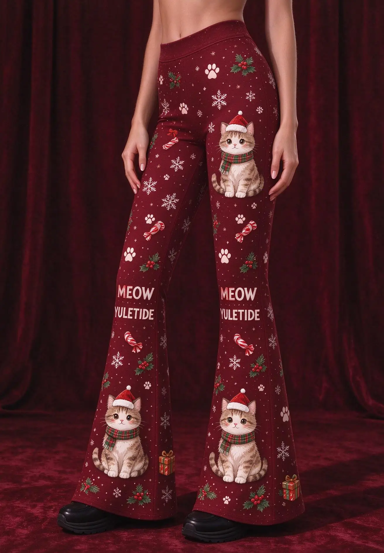 Women Mid Rise Skinny Flare Pants Christmas Angel Wreath Candle Snowflake Print Burgundy Stretch Bell Bottom Trousers