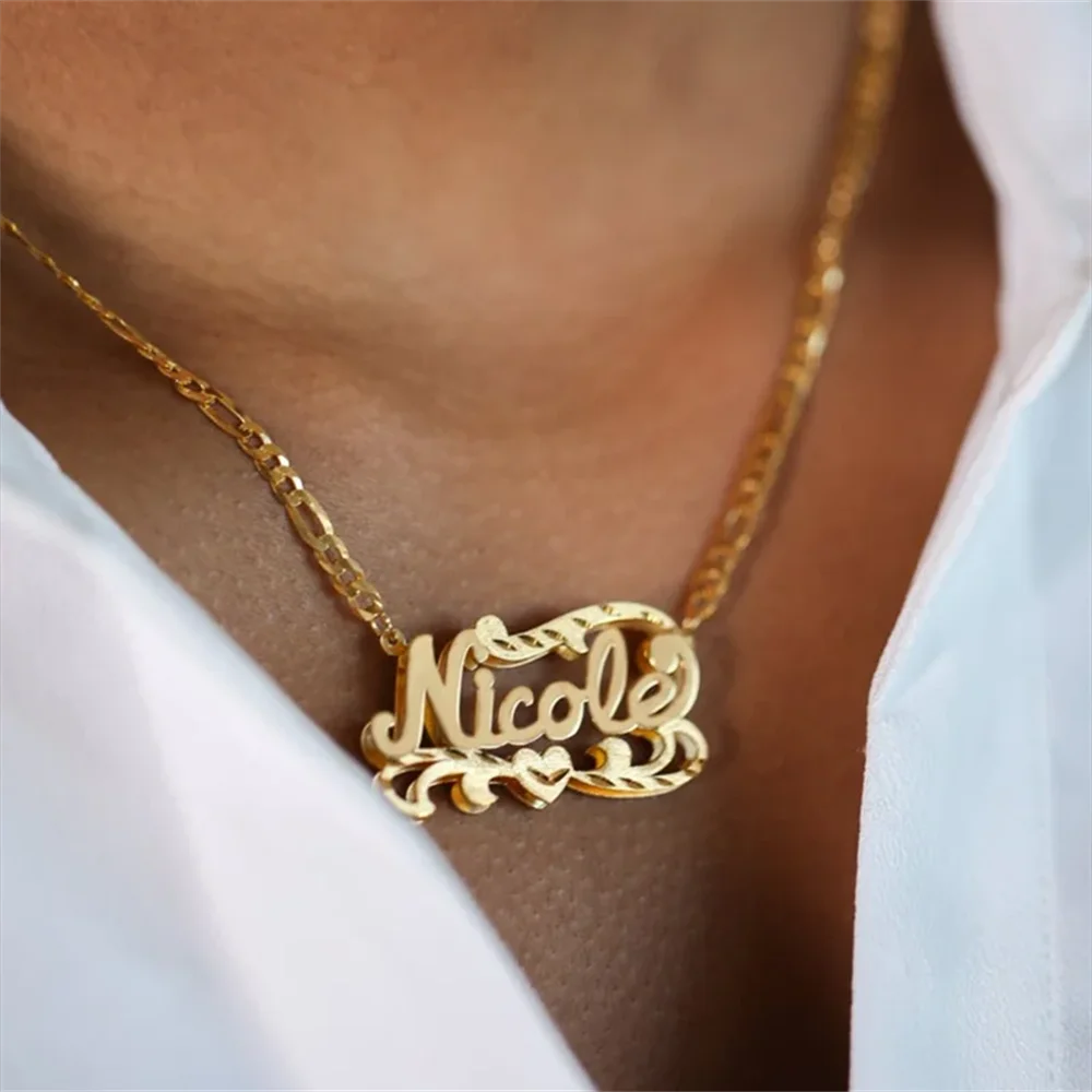 

New Customized 3D Name Necklace Cuban Chain Personalized 18K Gold Double Nameplate Necklace Women's Stainless Steel Jewelry Gift