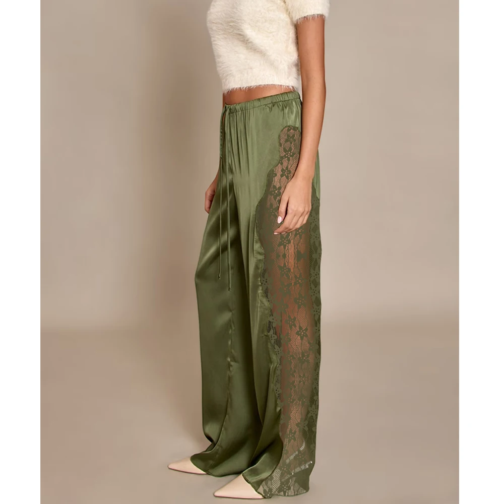 Casual Lace Satin Patchwork Pants Women Sexy See Through High Waist Lace Up Straight Trousers Spring Summer Lady Chic Trousers