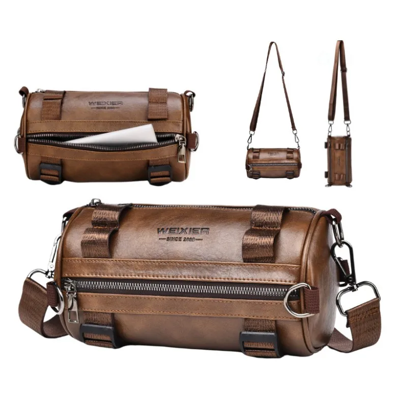 Fashion PU Leather Crossbody Shoulder Bags for Men Bucket Shoulder Bag Men Casual Barrel Handbags Male Circular Messenger Bags