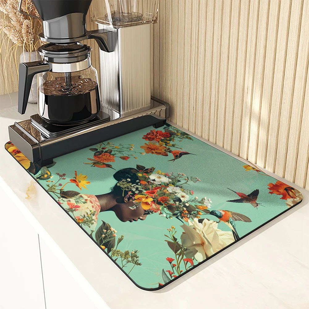 Kitchen Absorbent Drying Mat Woman Rose Bird Kitchen Table Decoration & Accessories Color Pattern Tables Mats