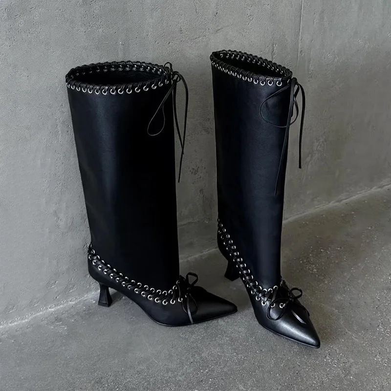 Designer Lace Up Hollow Out Knee High Boots Women Autumn 2026 Sexy Pointed Toe High Heel Long Boots Y2K Stilettos Long Booties image 5