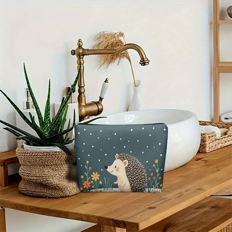 1pc Makeup Bag Hedgehog Standing in A Flower Field Lightweight Zippered Fashion Design Toiletry Pouch for Travel Use Storage Bag