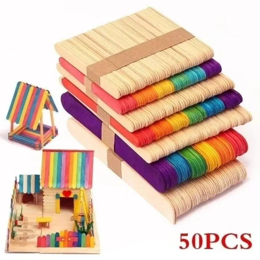50Pcs/Lot Colored Wooden Sticks Natural Wood Ice Cream Sticks Kids DIY Tool Wood Decoration Placa Madera Manualidades