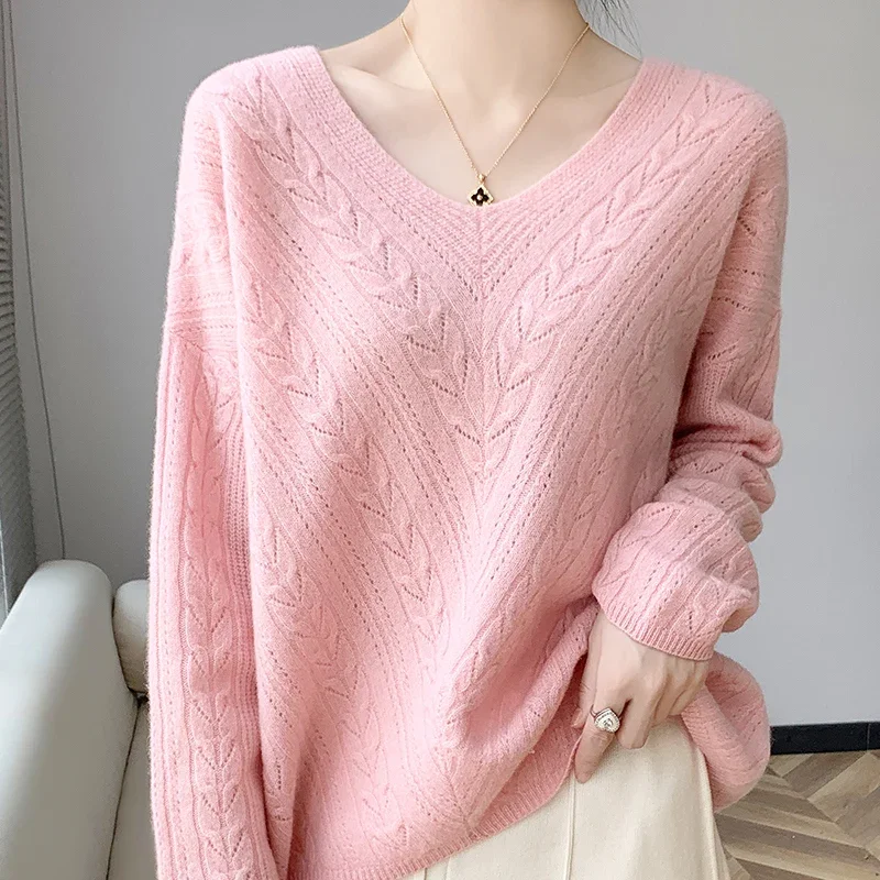 Autumn Winter 100% Wool Sweater Women\'s V-Neck Pullover Loose Hollow Sweater Cashmere Women\'s Long Sleeve Top Large Size Sweater