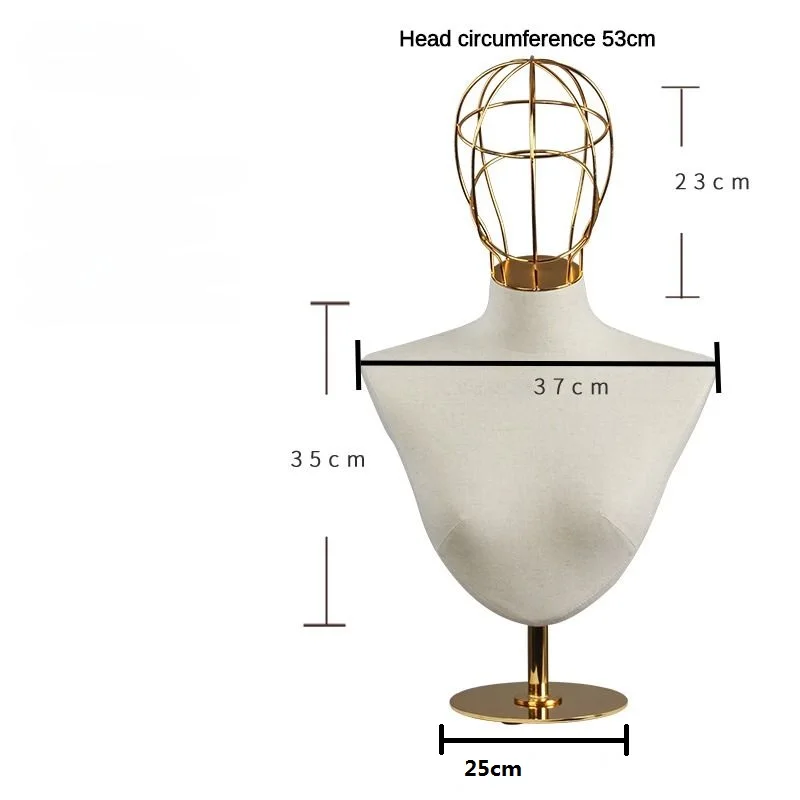 Cabeça de manequim feminino com ombro e busto, capa de tecido, perucas, chapéus, colares, lenços Display
