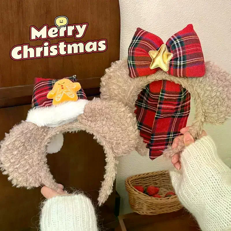 

Плюшевая повязка на голову с милым рождественским медвежонком и бантом, коричневая мультяшная повязка на голову, подходит для мытья лица и укладки, с ушками гепарда