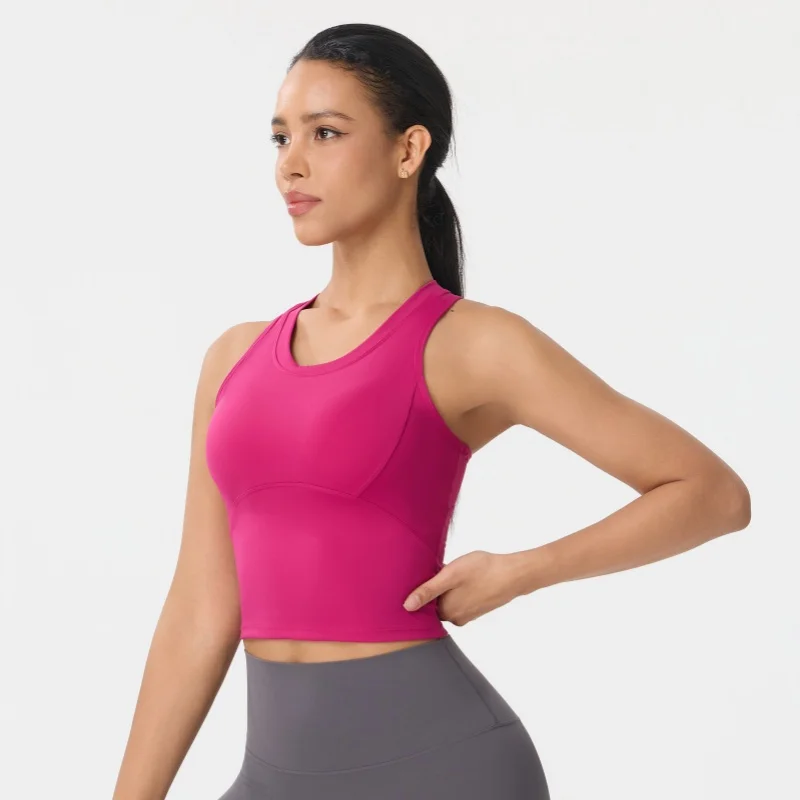Women's Yoga Tank Top with Built-in Pads, Non-slip Cups, Shock-absorbing Sports Bra, U-shape Neck, Side Breast Support Top