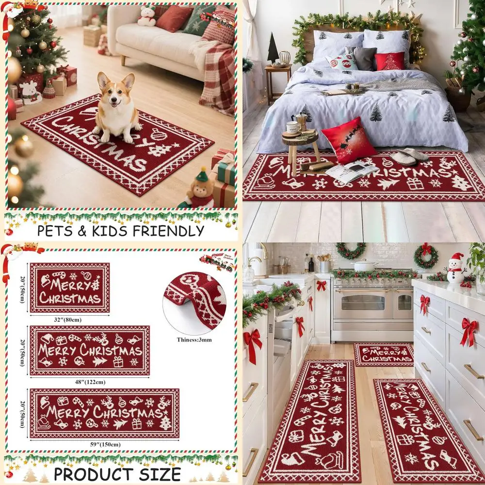 

3-Piece Christmas Kitchen Rug Set - Non-Skid, Washable Floor Mat for Holiday Decor, Farmhouse Style (Red)