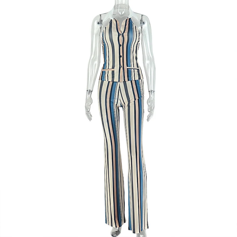

BKLD Women's Temperament Commuter Outing Sets Casual Fashion Color Blocked Striped Single-breasted Open Back Tops+Slimming Pants