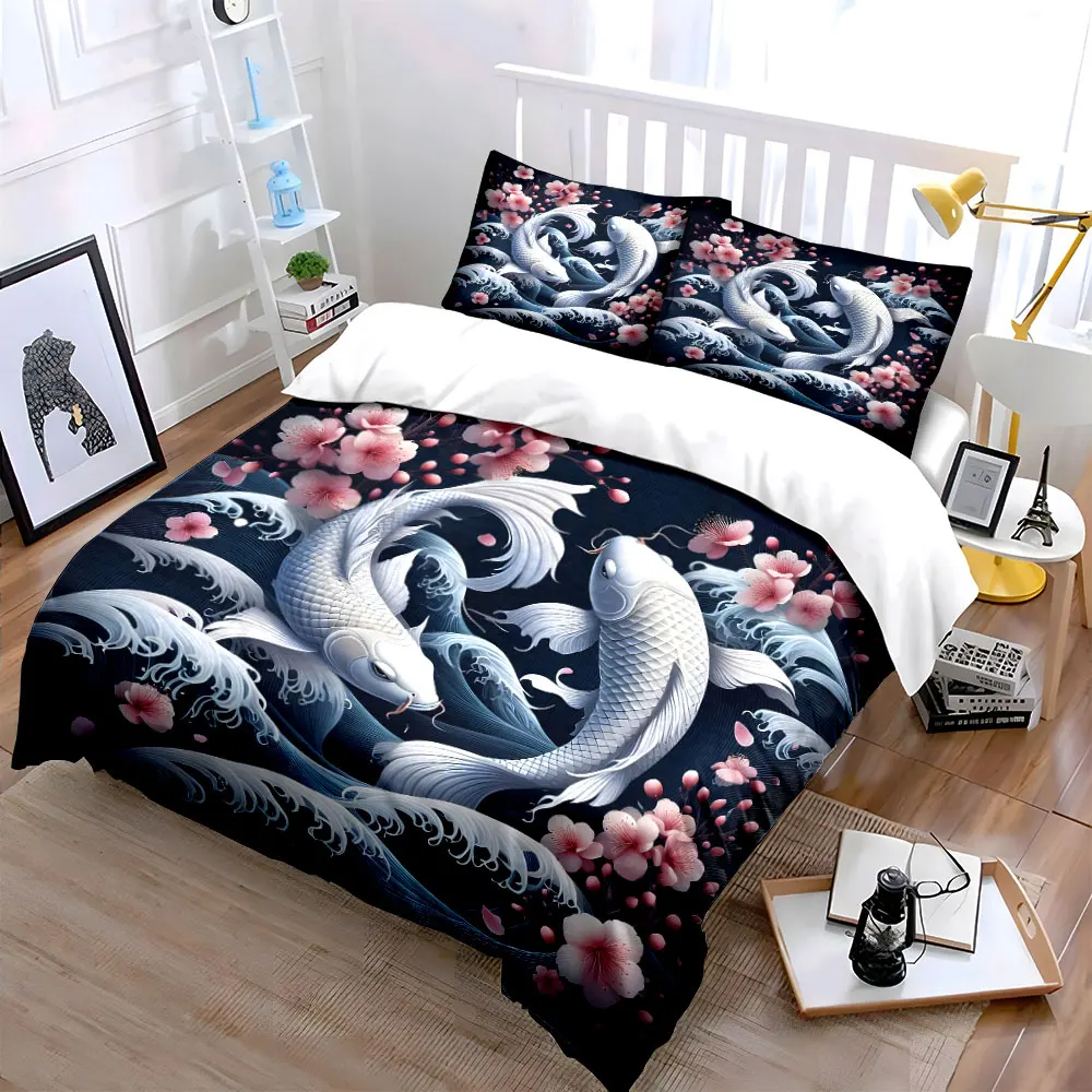Koi Fish with Sakura and Waves Printed Duvet Cover Set1 Duvet Cover+2 PillowcaseMulti Size Bedroom Bedding Decoration