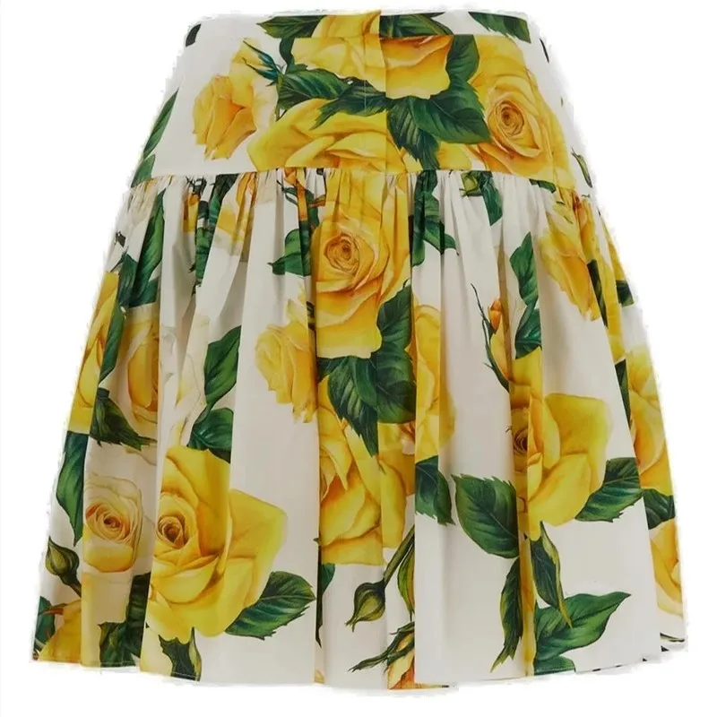 Seasixiang Fashion Designer Spring Summer Cotton Skirt Women Yellow Floral Print High Waiste Beach Vacation Mini Skirt