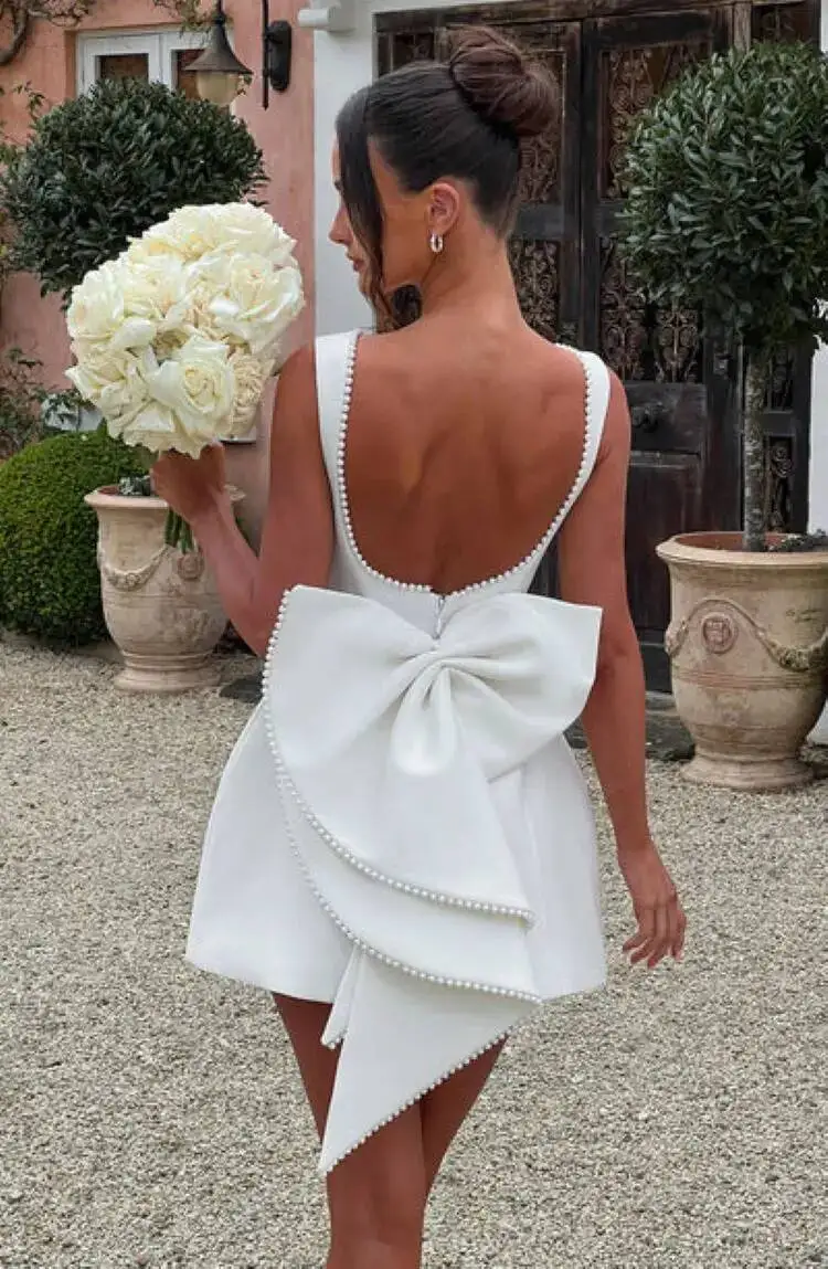 

Elegant Pearl Bow Backless Sexy Mini Dress Women's Party Short Dresses White Black Pink Birthday Evening Wedding Summer
