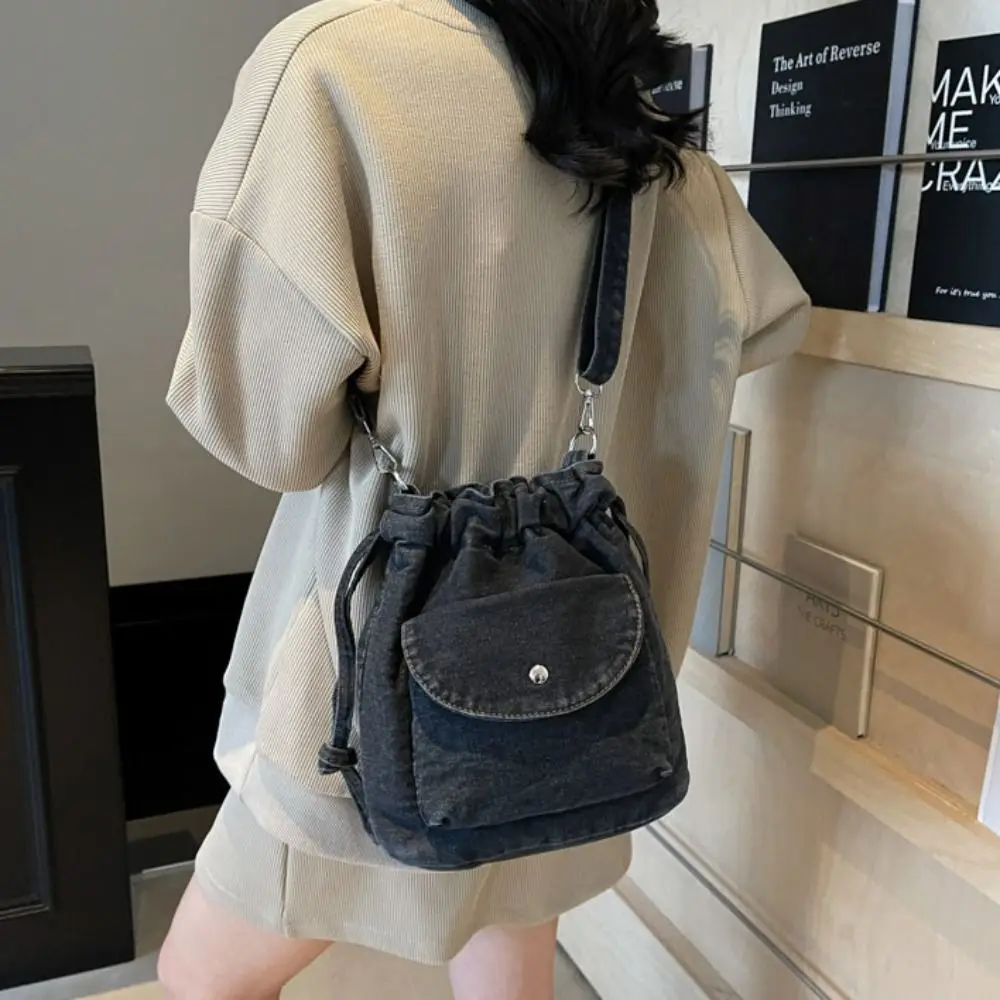 

Джинсовая сумка через плечо в корейском стиле, ретро-сумка, сумка-мешок на шнурке, кошелек, однотонная сумка для мобильного телефона