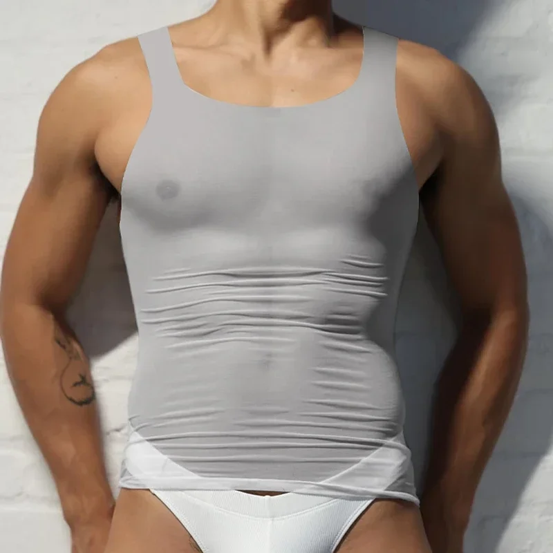 メンズ痩身アンダーシャツセクシーな透明ジムワークアウトタンクトップ固体通気性快適な高弾性ノースリーブベスト
