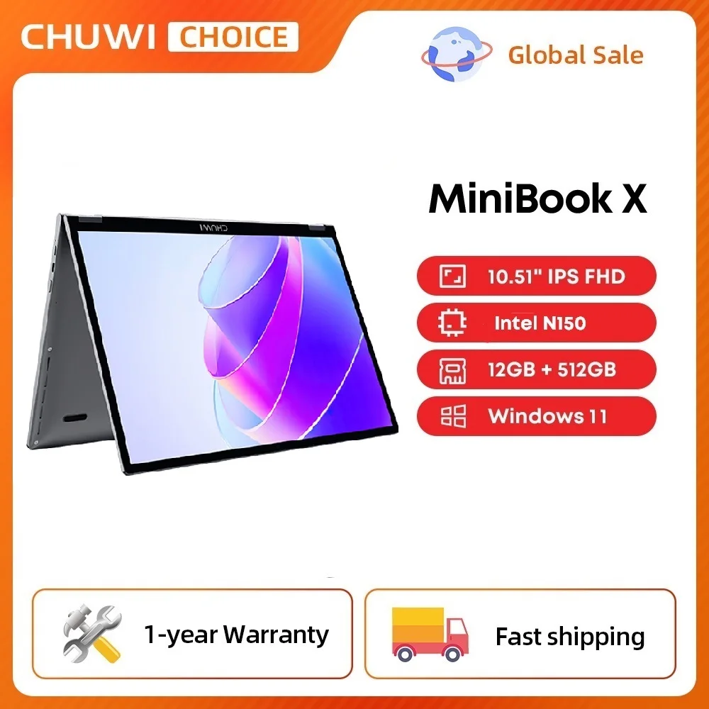 CHUWI 미니북 X N150 노트북 10.51인치 16GB/12GB 램 512GB SSD 2-in-1 요가 모드 인텔 윈도우 11 노트북 360 °   플립형 와이파이 6