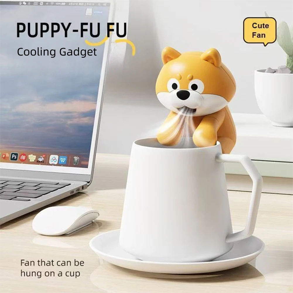 Mini Clip-On Fan Cup Bowl Air-Blowing Cooling Attachment Dog-Shaped Cute Cartoon Design Food Cooler Robot Children Like Gift