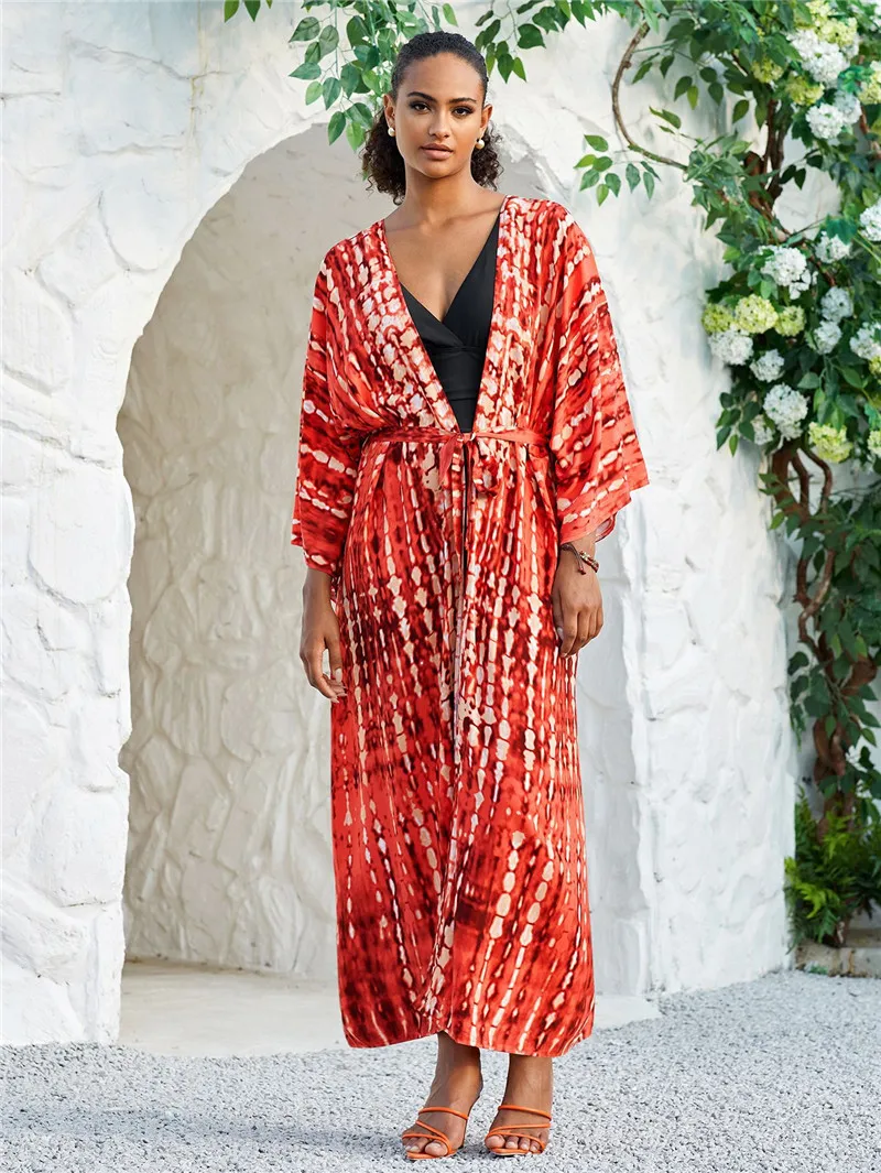 Long Kimono Swimsuit Cover Up for Women Stylish Tie Dye Open Front Beach Outfits Bathing Suit