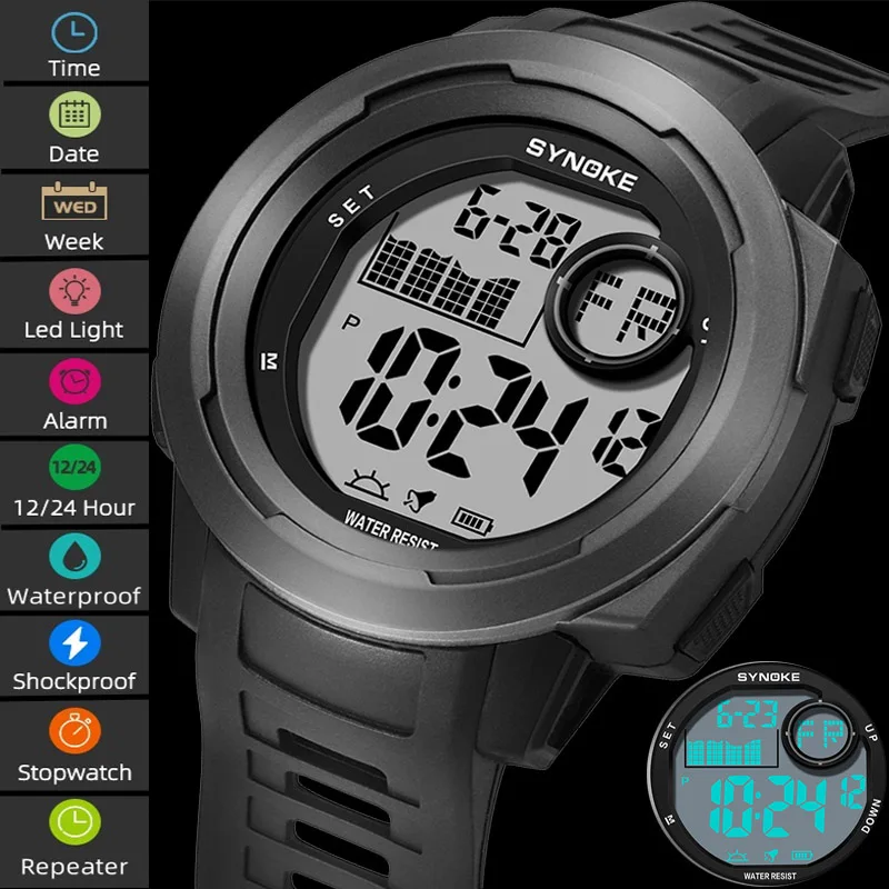 

Synoke Men's Digital Sport's Watches PU Strap 50M Waterproof Swimming Led Chronograph Time 12/24 Hour Display Male Alarm Clock